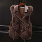 Women__ Faux Fur Vest with Lapel Collar and Waist Tie