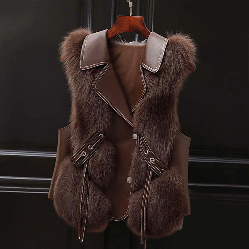 Women__ Faux Fur Vest with Lapel Collar and Waist Tie