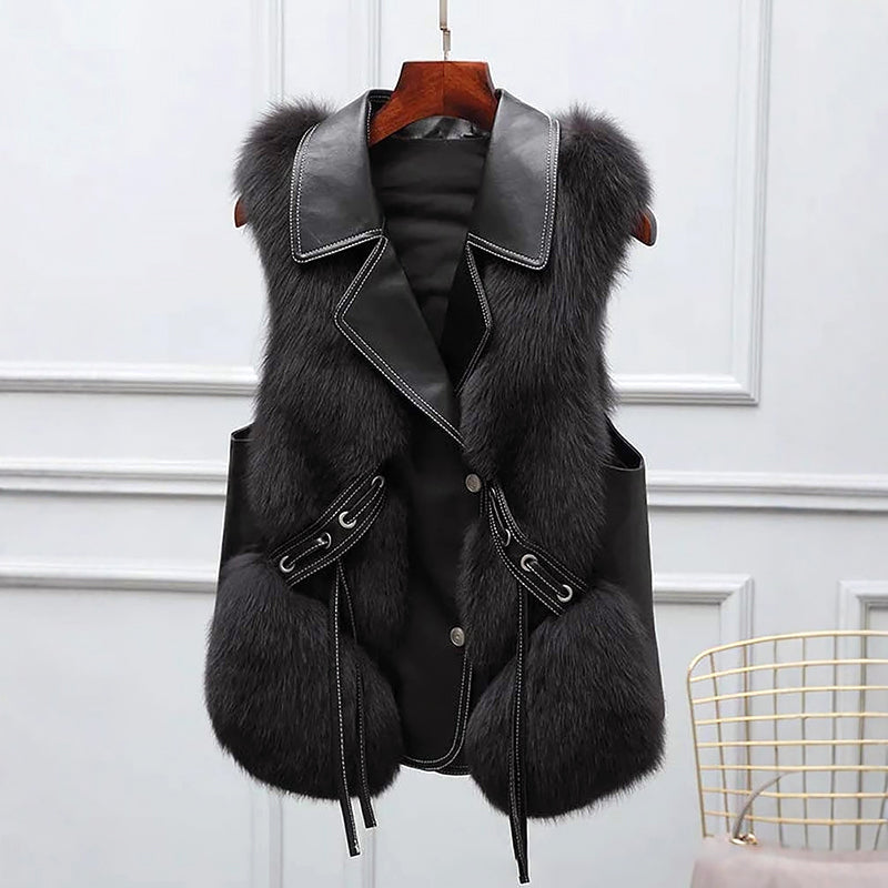 Women__ Faux Fur Vest with Lapel Collar and Waist Tie