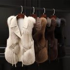 Women__ Faux Fur Vest with Lapel Collar and Waist Tie