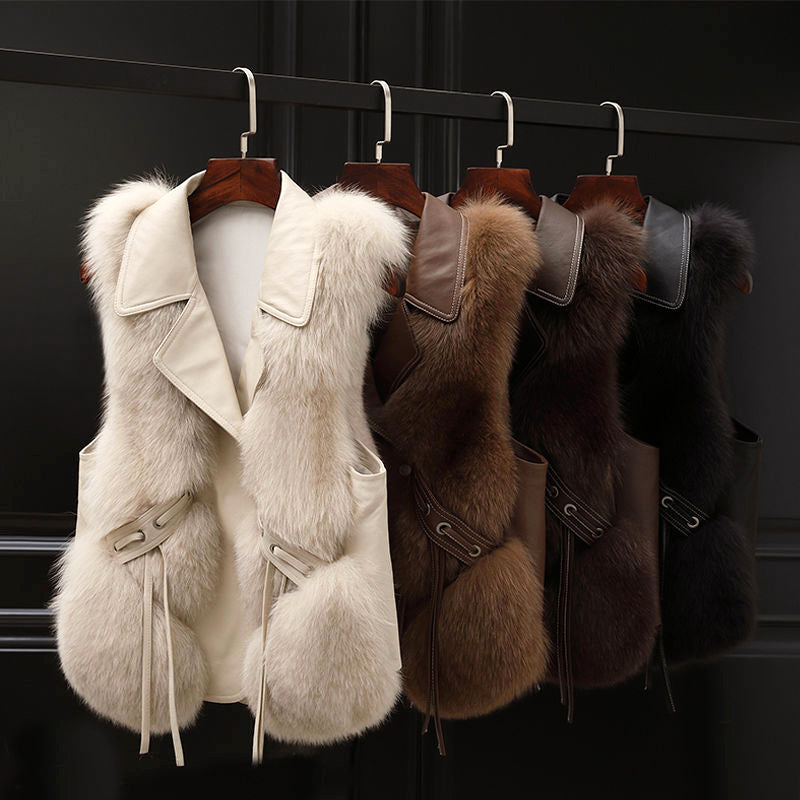 Women__ Faux Fur Vest with Lapel Collar and Waist Tie
