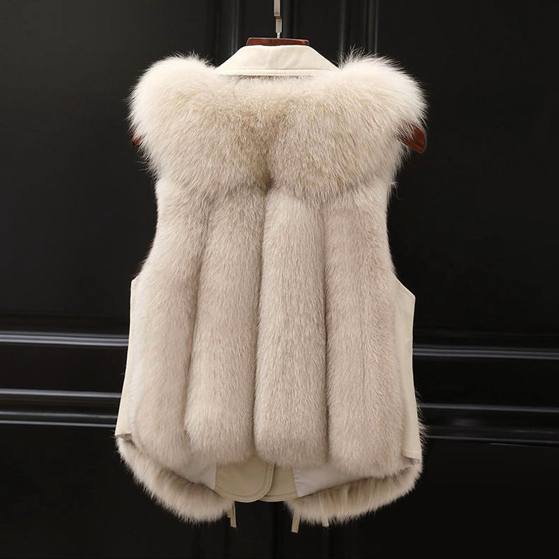 Women__ Faux Fur Vest with Lapel Collar and Waist Tie