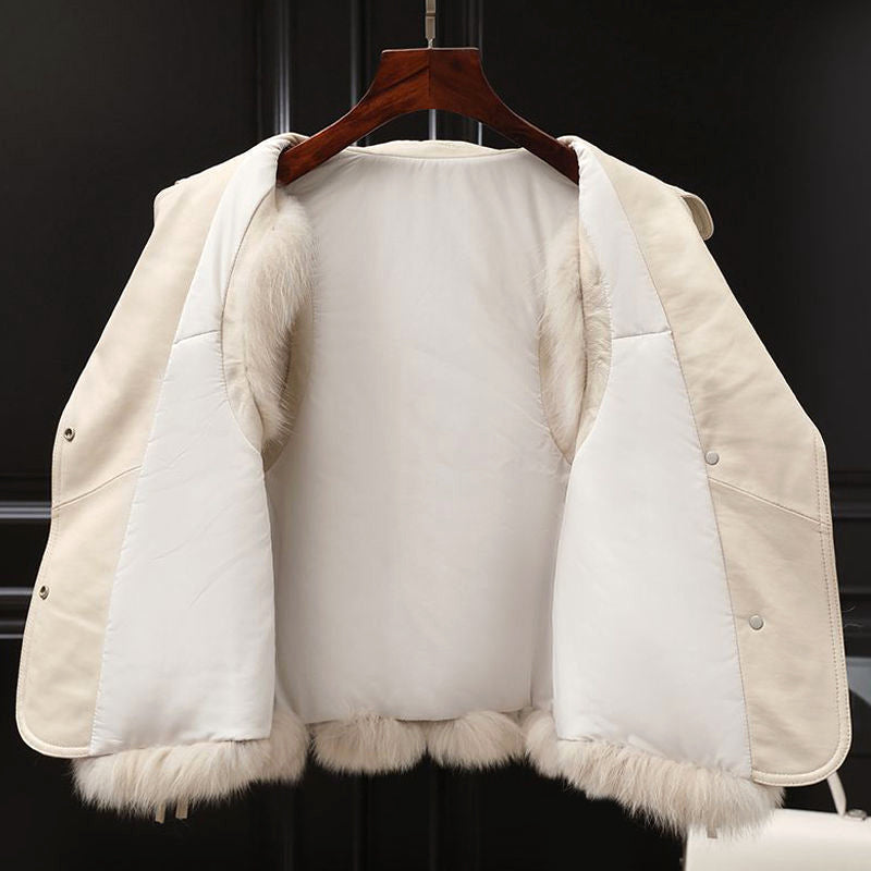 Women__ Faux Fur Vest with Lapel Collar and Waist Tie