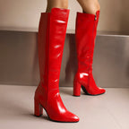 Women__ Faux Leather Knee Boots with High Block Heels