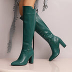 Women__ Faux Leather Knee Boots with High Block Heels