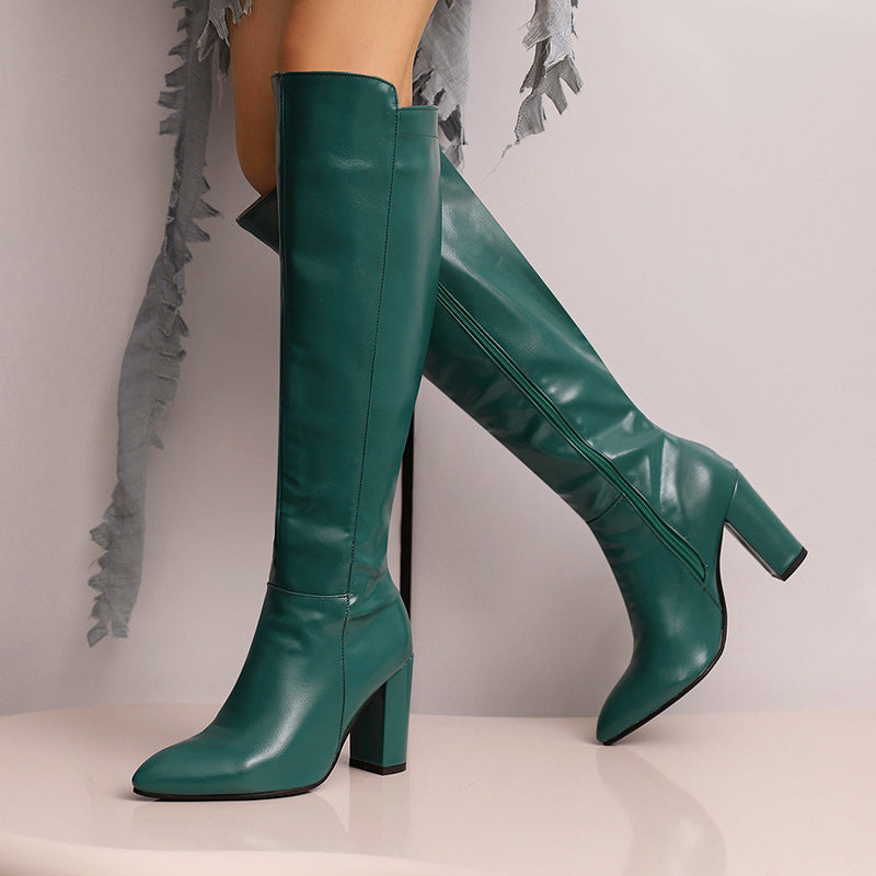 Women__ Faux Leather Knee Boots with High Block Heels