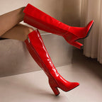 Women__ Faux Leather Knee Boots with High Block Heels