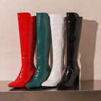 Women__ Faux Leather Knee Boots with High Block Heels