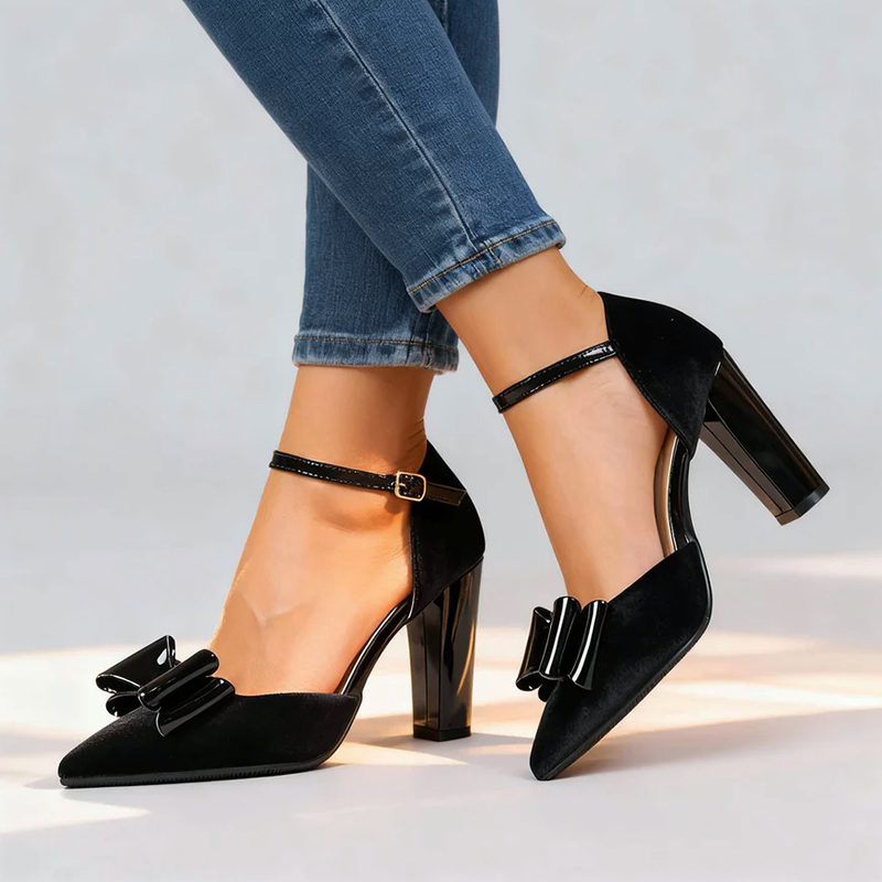 Women__ Faux Suede Block Heels with Glossy Bow Detail