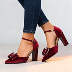 Women__ Faux Suede Block Heels with Glossy Bow Detail