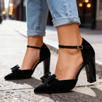 Women__ Faux Suede Block Heels with Glossy Bow Detail