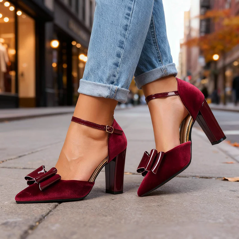 Women__ Faux Suede Block Heels with Glossy Bow Detail