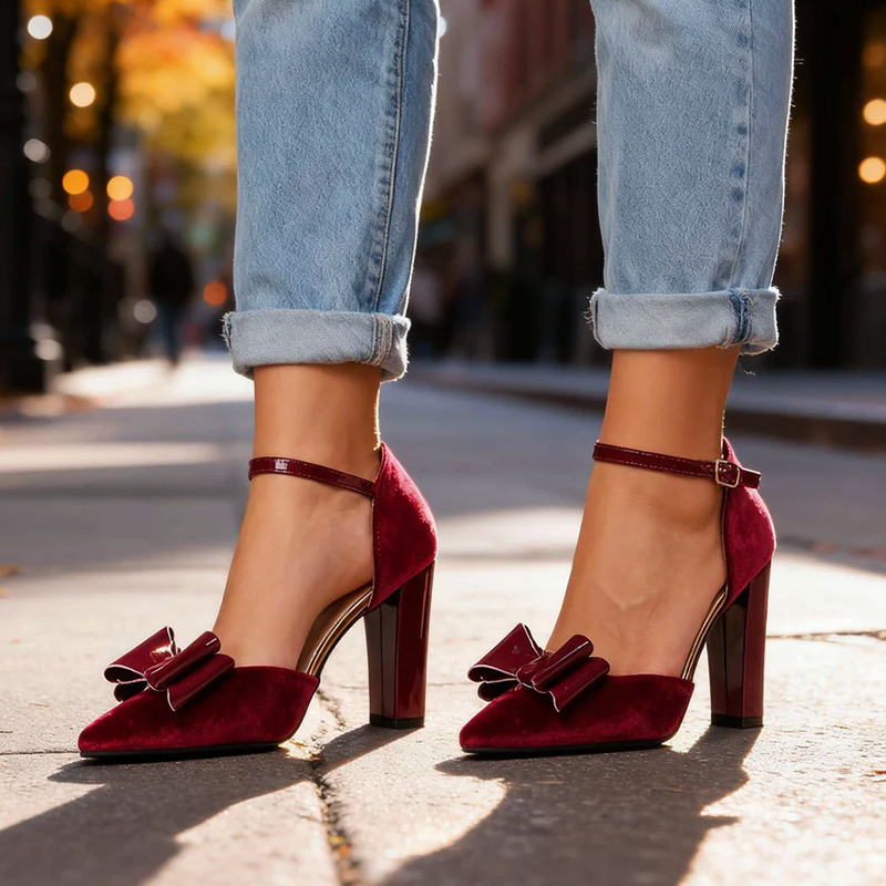 Women__ Faux Suede Block Heels with Glossy Bow Detail