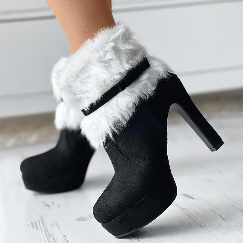 Women__ Festive High-Heel Boots with Fur and Bow Accent
