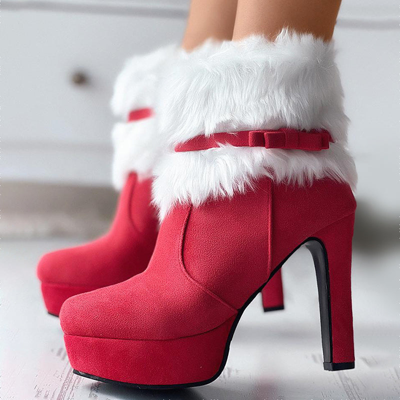 Women__ Festive High-Heel Boots with Fur and Bow Accent