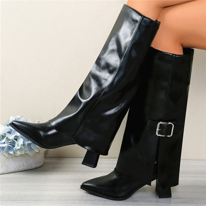 Women__ Foldover Knee Boots with Buckle Detail