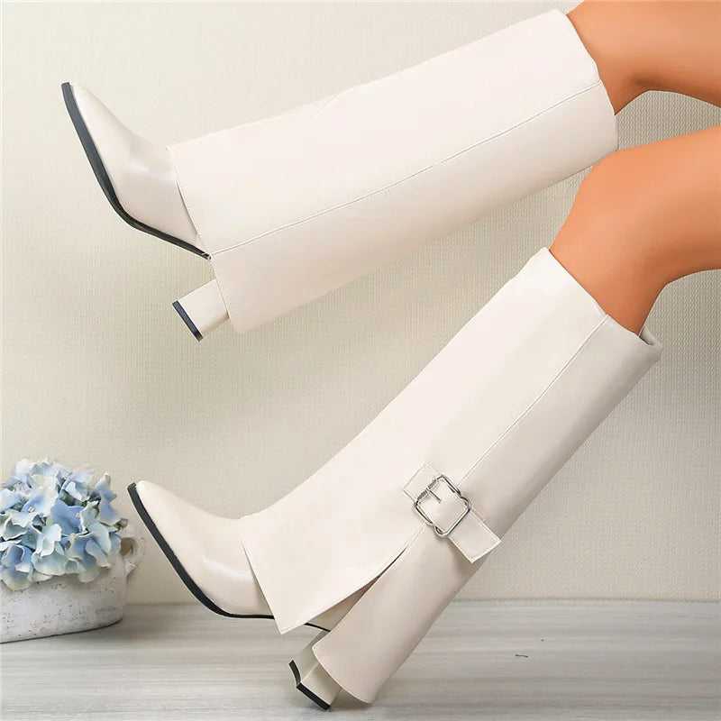 Women__ Foldover Knee Boots with Buckle Detail