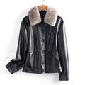 Women__ Fur Collared Leather Jacket with Patch Pockets