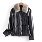 Women__ Fur Collared Leather Jacket with Patch Pockets