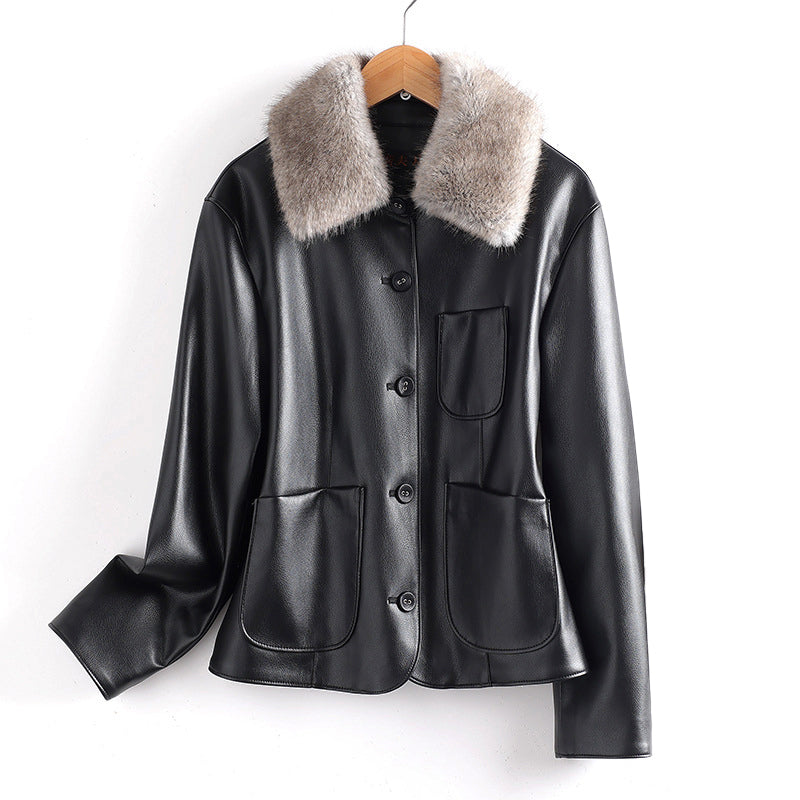 Women__ Fur Collared Leather Jacket with Patch Pockets