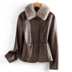 Women__ Fur Collared Leather Jacket with Patch Pockets