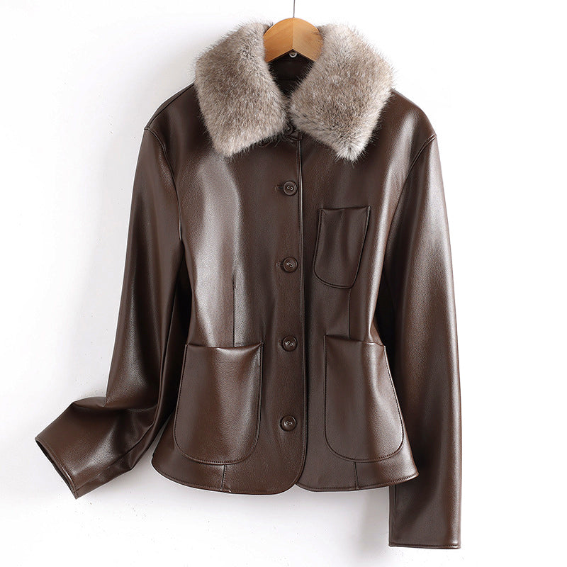 Women__ Fur Collared Leather Jacket with Patch Pockets