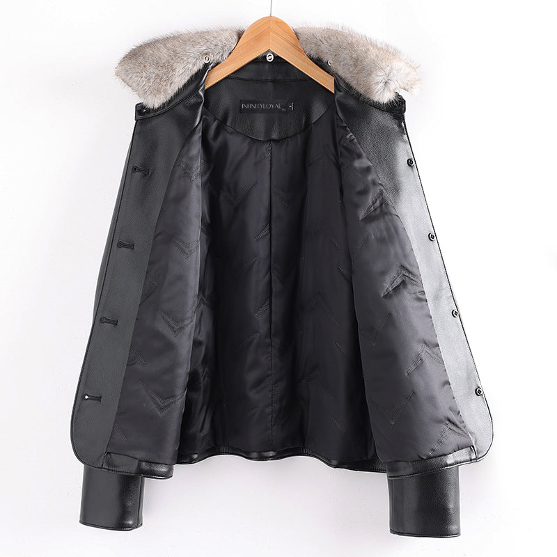 Women__ Fur Collared Leather Jacket with Patch Pockets