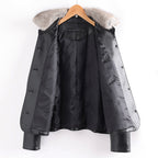 Women__ Fur Collared Leather Jacket with Patch Pockets