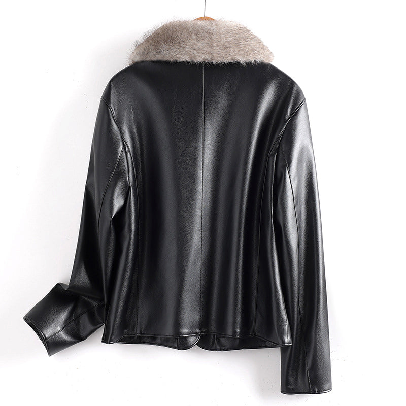 Women__ Fur Collared Leather Jacket with Patch Pockets