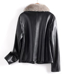 Women__ Fur Collared Leather Jacket with Patch Pockets