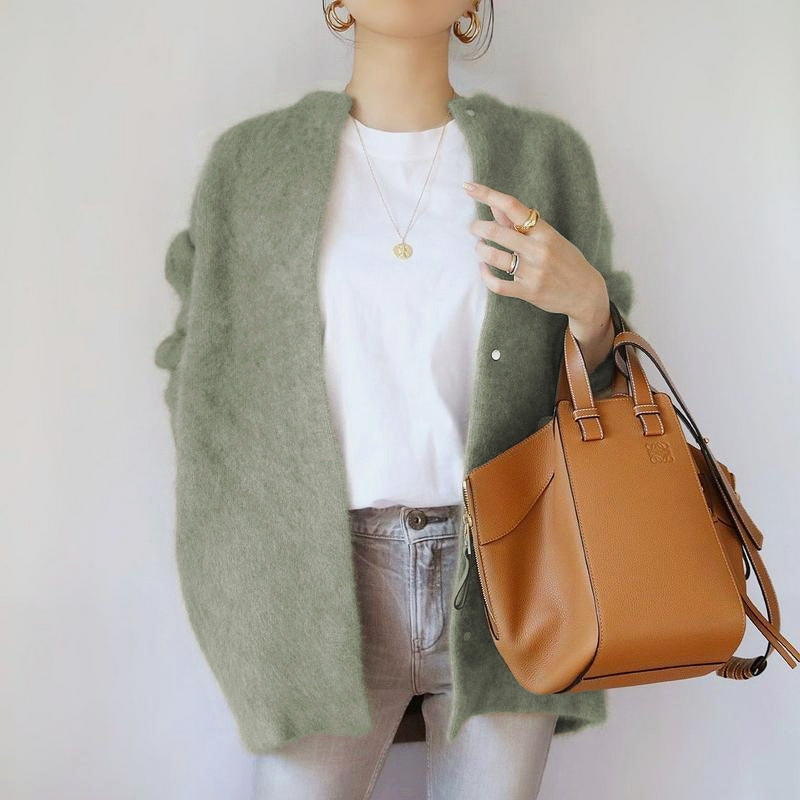 Women__ Fuzzy Knit Open Front Cardigan with Relaxed Silhouette
