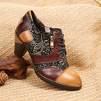 Women's Genuine Leather Heels with Floral Patchwork Panels