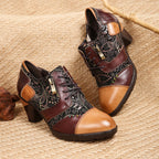 Women's Genuine Leather Heels with Floral Patchwork Panels