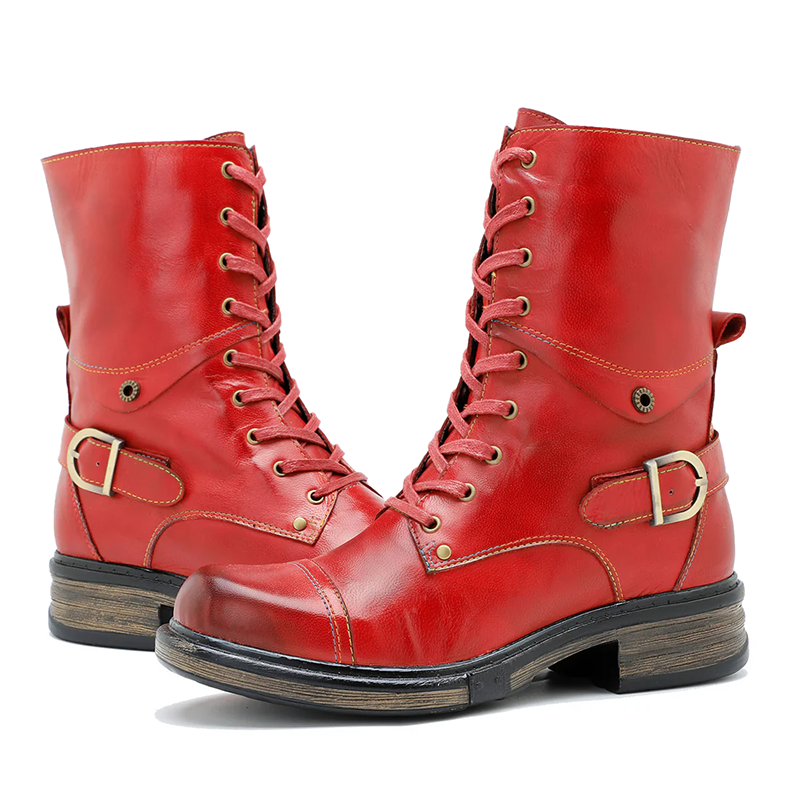 Women__ Genuine Leather Lace-Up Boots with Low Heel
