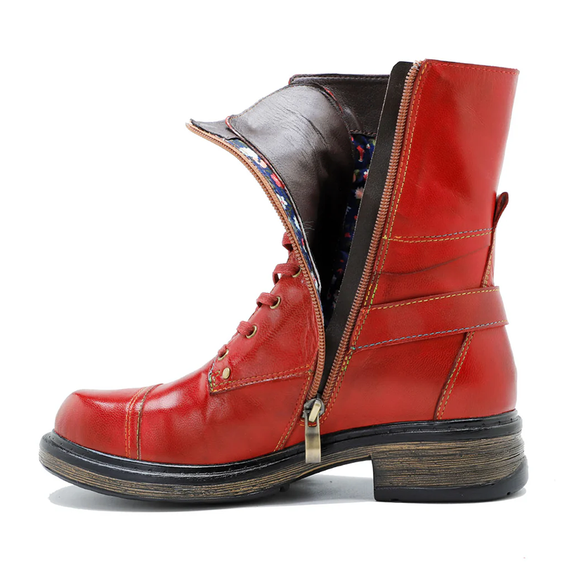 Women__ Genuine Leather Lace-Up Boots with Low Heel