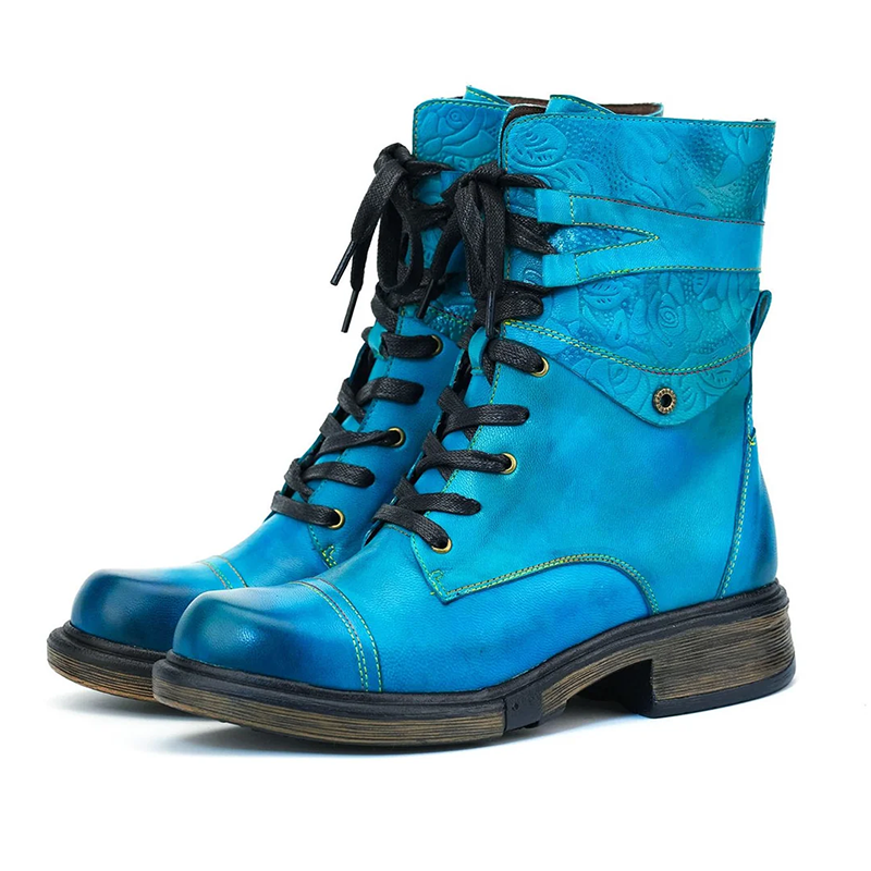 Women__ Genuine Leather Lace-Up Boots with Low Heel
