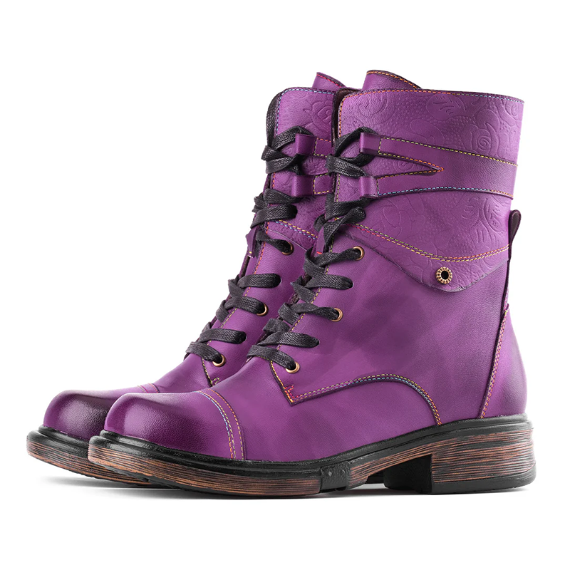 Women__ Genuine Leather Lace-Up Boots with Low Heel