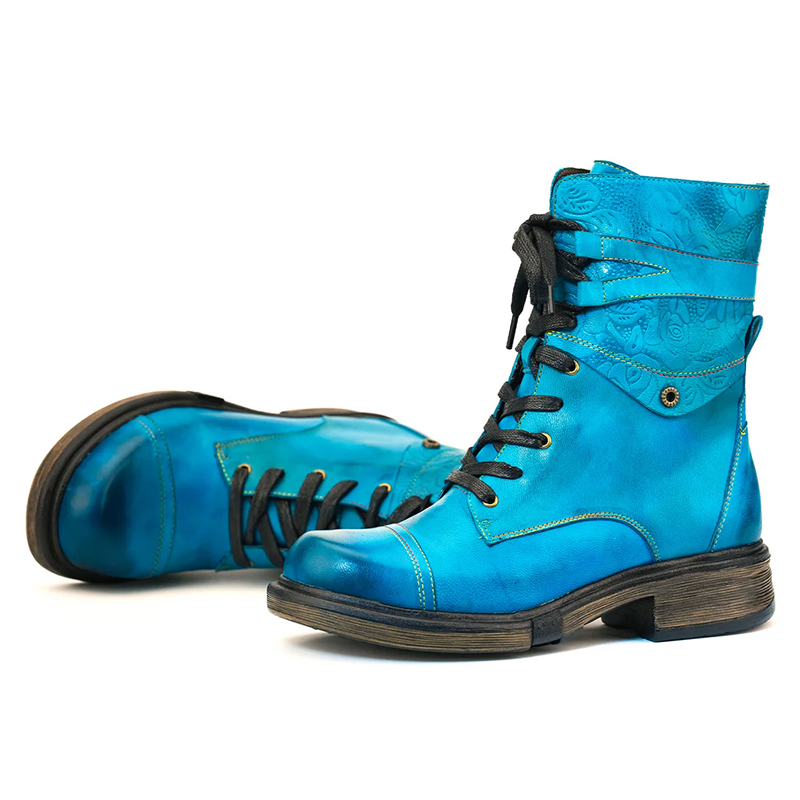 Women__ Genuine Leather Lace-Up Boots with Low Heel