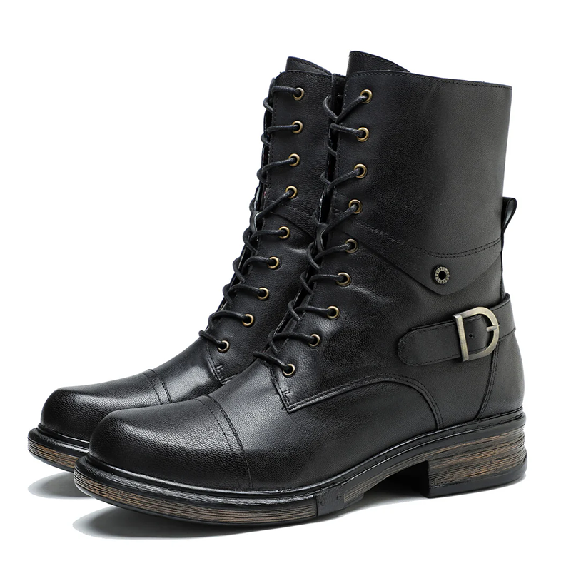 Women__ Genuine Leather Lace-Up Boots with Low Heel