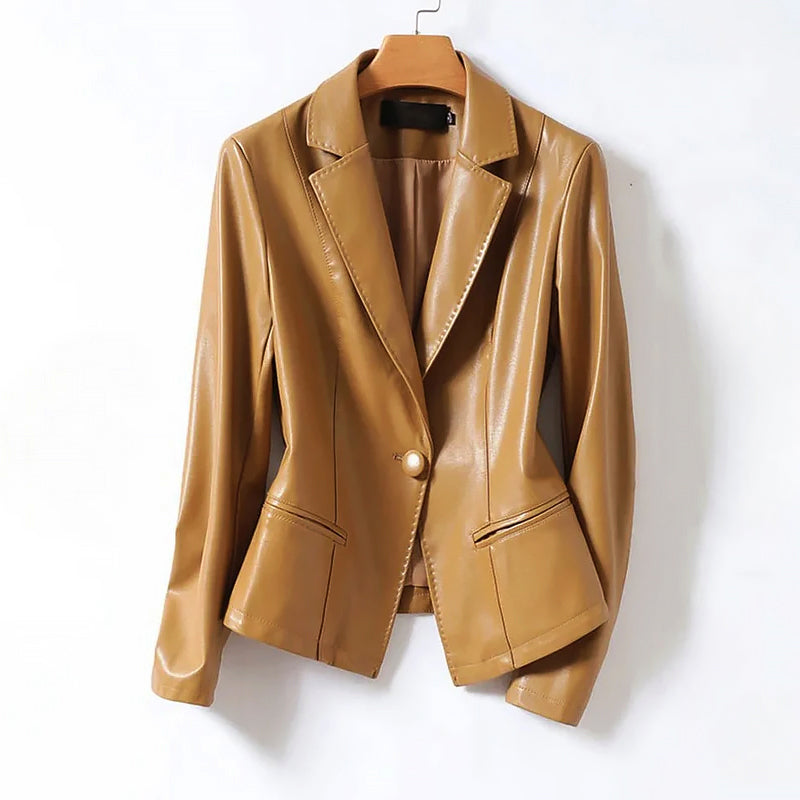 Women__ Genuine Leather One-Button Blazer Jacket