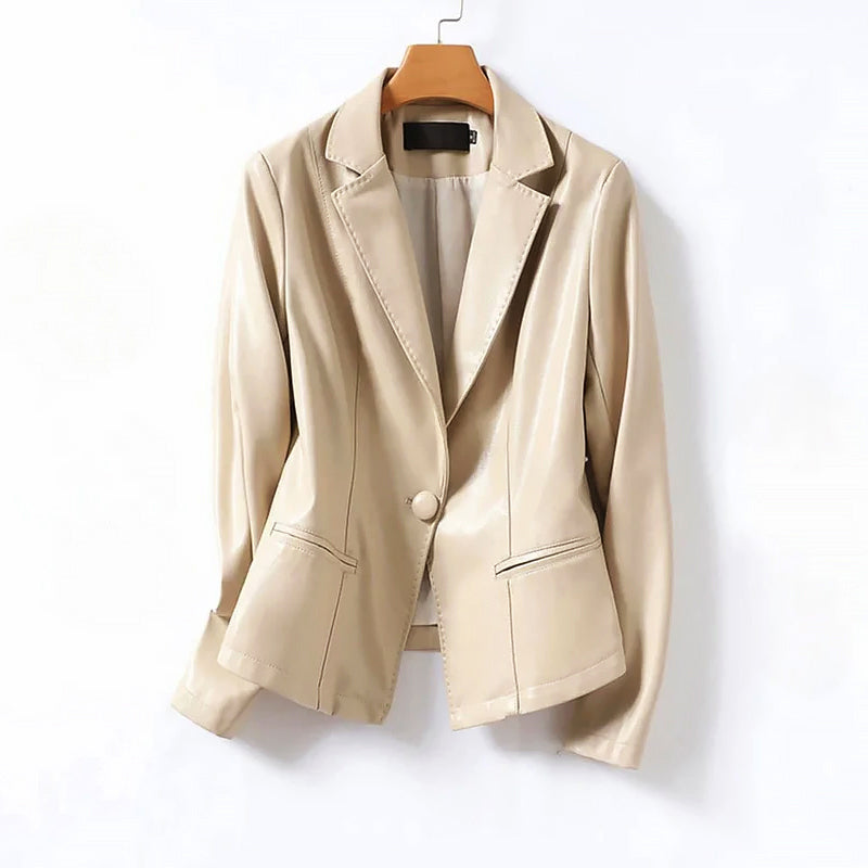 Women__ Genuine Leather One-Button Blazer Jacket