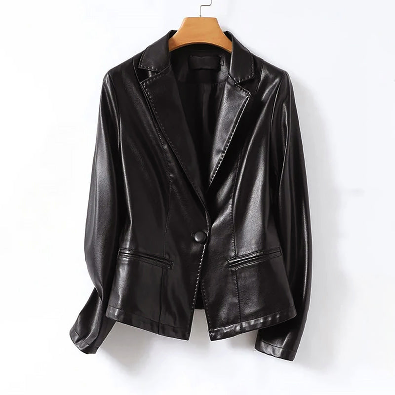 Women__ Genuine Leather One-Button Blazer Jacket