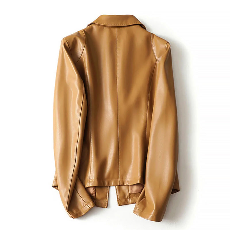 Women__ Genuine Leather One-Button Blazer Jacket