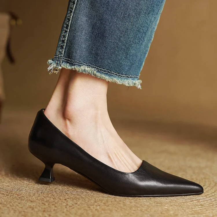 Women__ Genuine Leather Pointed Kitten Heels