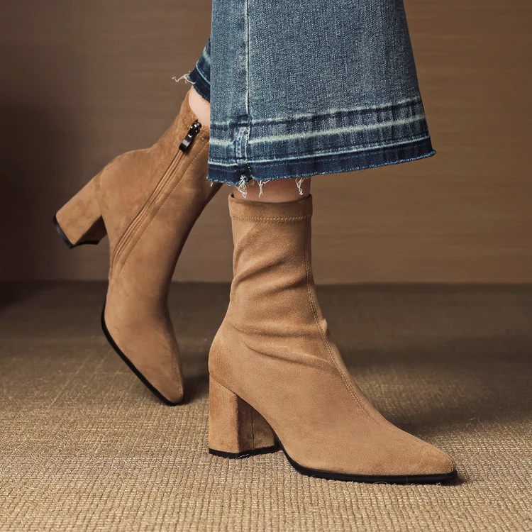 Women__ Genuine Suede Ankle Boots with Block Heel