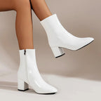 Women__ Glossy Ankle Boots with Side Zipper and Block Heel