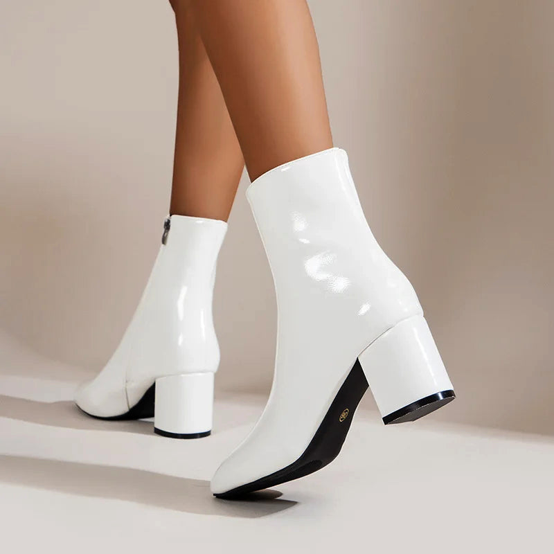 Women__ Glossy Ankle Boots with Side Zipper and Block Heel