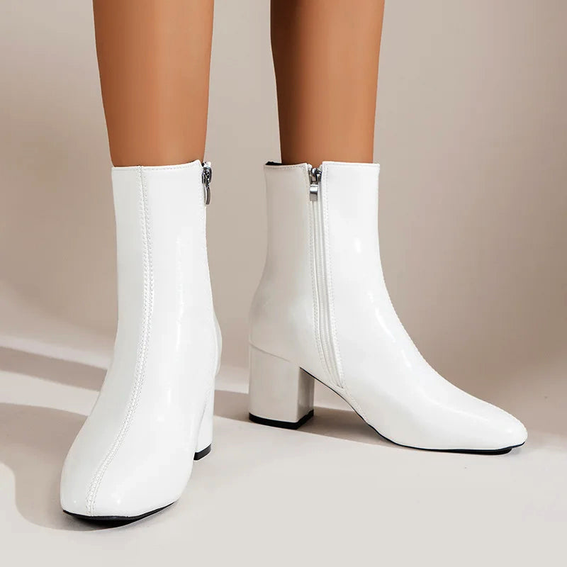 Women__ Glossy Ankle Boots with Side Zipper and Block Heel