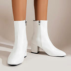 Women__ Glossy Ankle Boots with Side Zipper and Block Heel