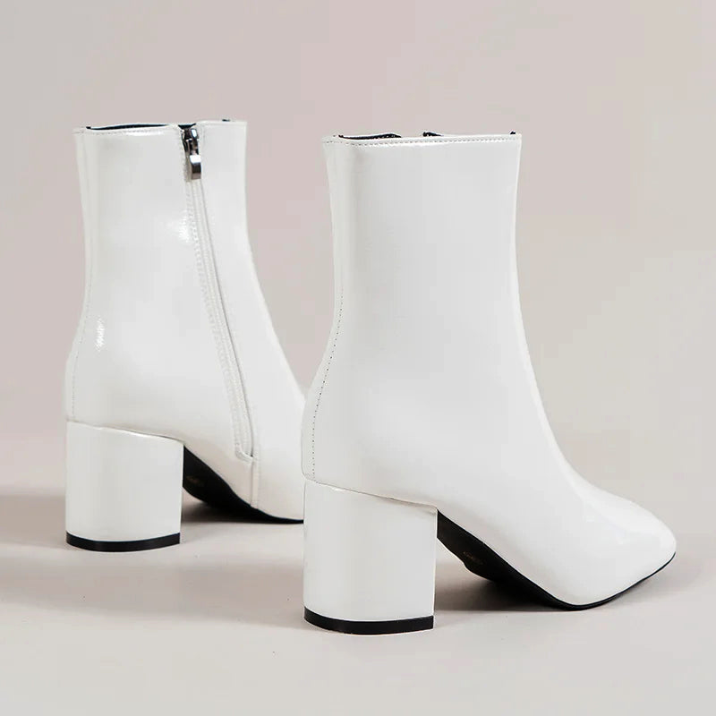 Women__ Glossy Ankle Boots with Side Zipper and Block Heel